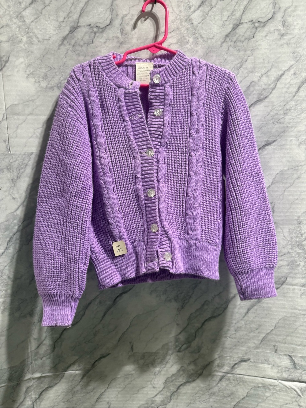 Vintage Kids Lavender Purple Cable Knit Cardigan Sweater Size Medium NOS USA